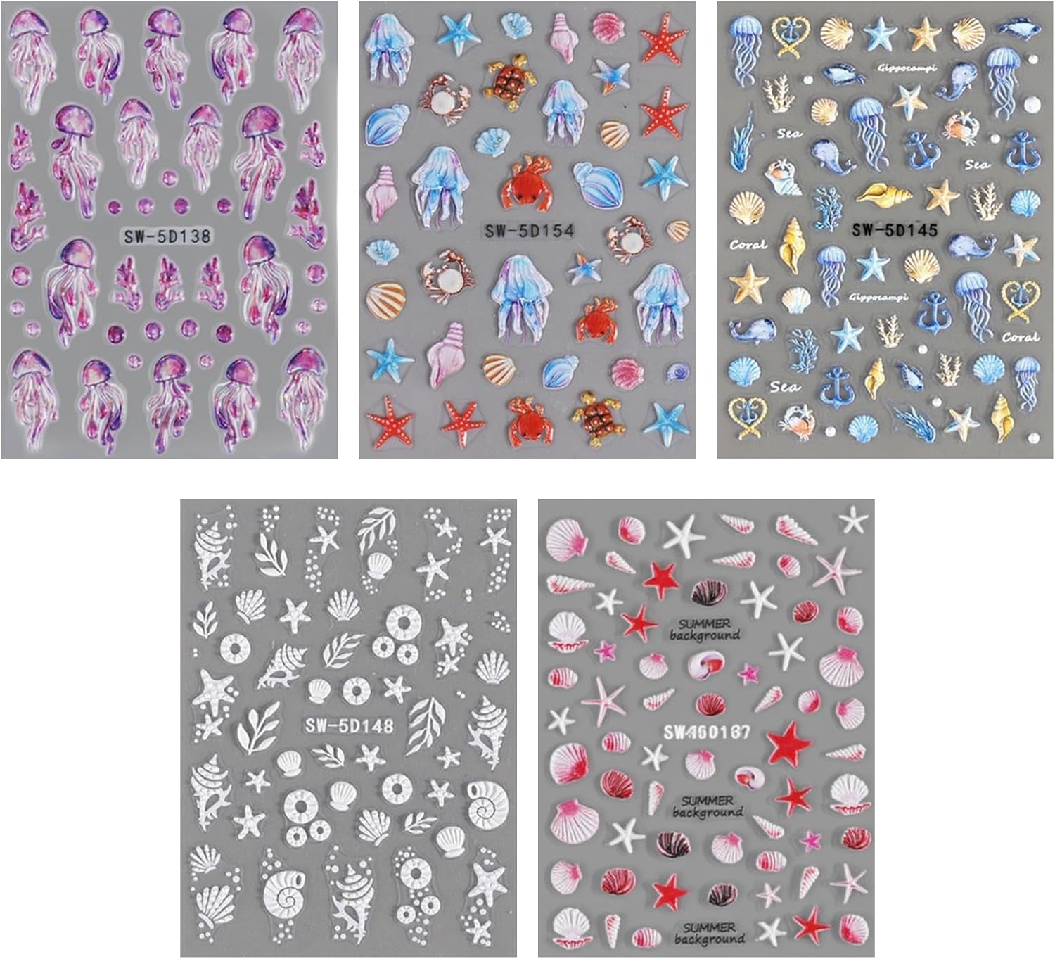 5 stuks 5D reliëf nagelstickers oceaanpatroon nagelbedels oceaan zomer nagelstickers schelpen zeedieren schattig nagelontwerpstickers nagelontwerpaccessoires