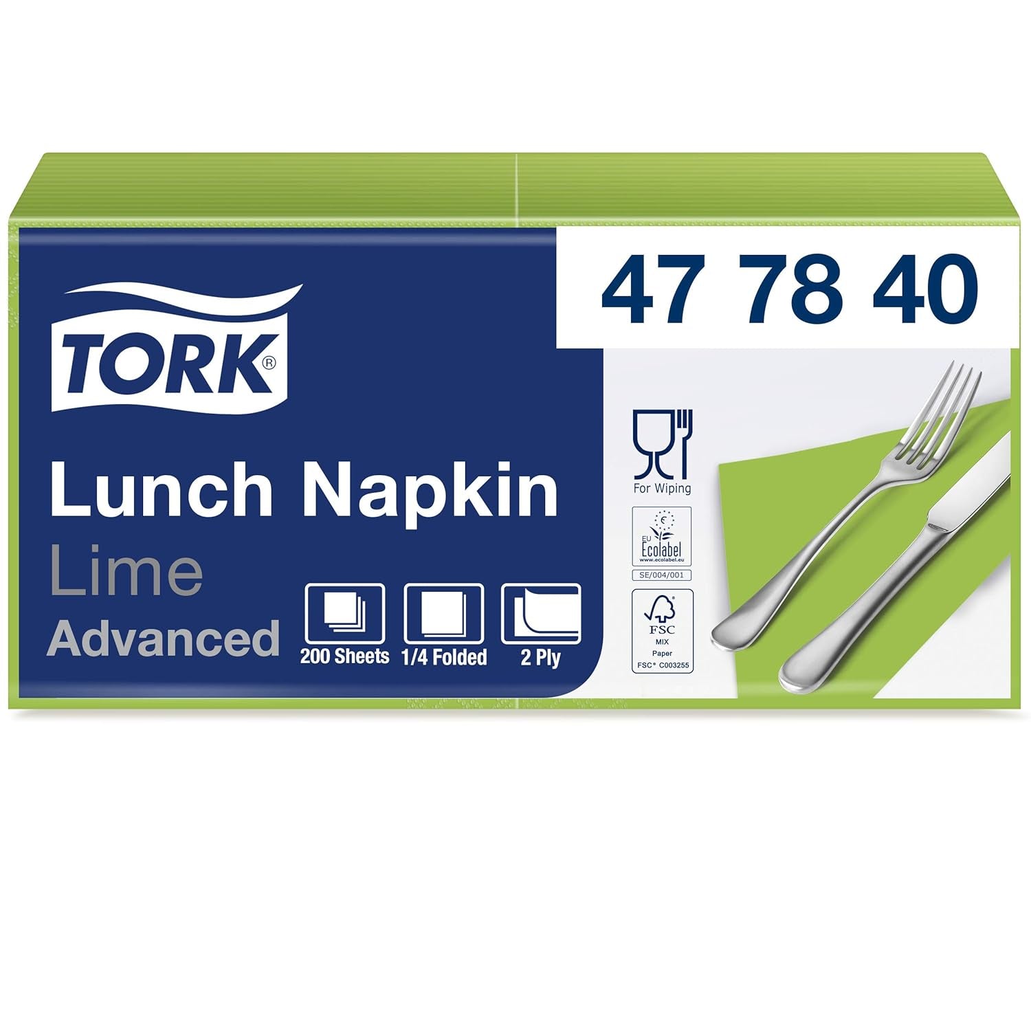 Tork 477840 Lime lunchservetten / 2-laags servetten voor kleine maaltijden of snacks / geavanceerde kwaliteit / 10 X 200 (2000) papieren servetten / 32,6 X 33 cm (L X B) / 1/4 vouw