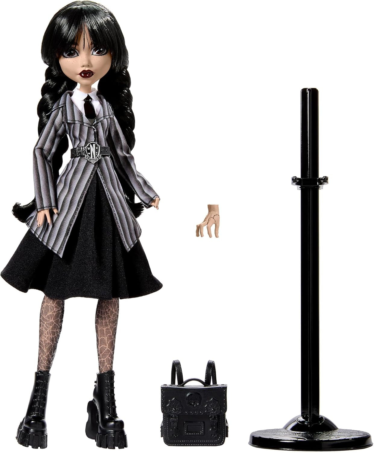 Monster High Wednesday-pop en accessoires Wednesday Addams verzamelfiguur in Nevermore Academy-uniform met ijskoude hand en rugzak-poppenstandaard HXJ04 Naty Shop-poppen