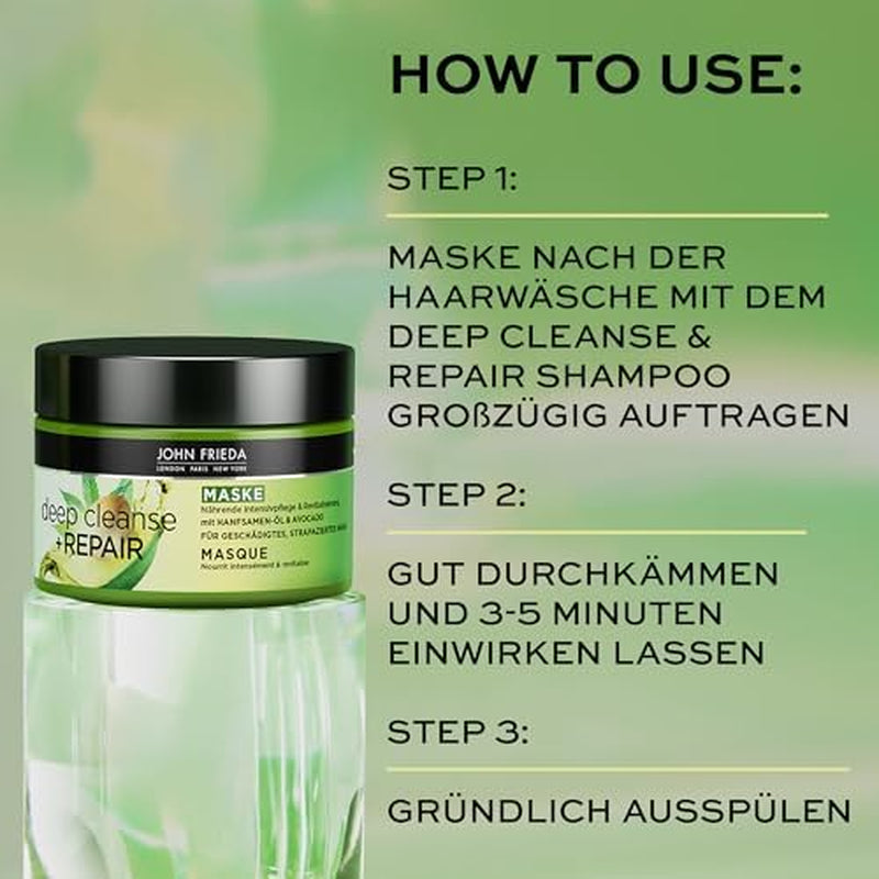 John Frieda - Deep Cleanse & Repair Mask/treatment - Inhoud: 250 ml - Met hennepzaadolie + voedende avocado - Kalmerend haarmasker voor beschadigd haar Naty Shop haarmasker