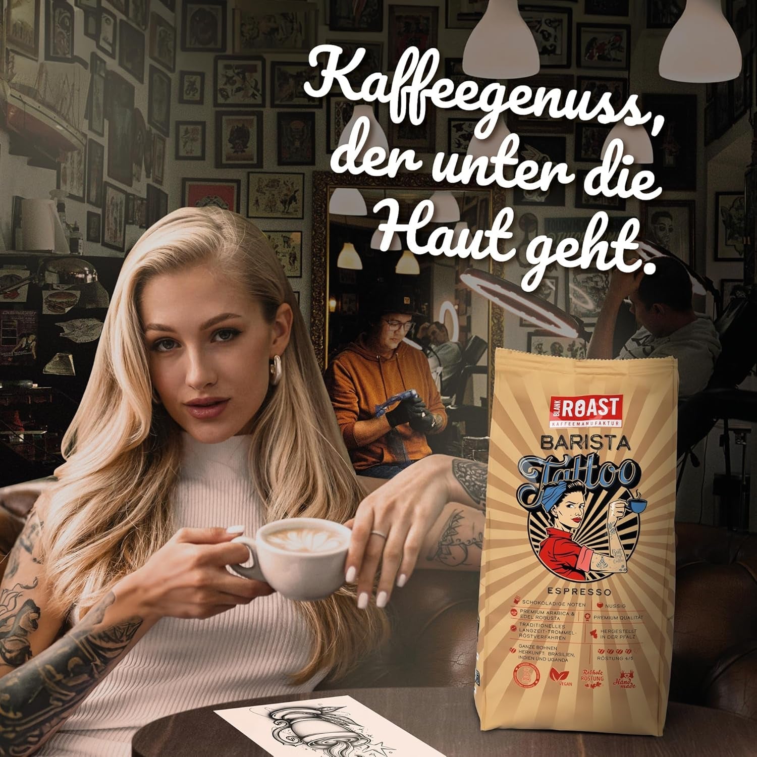 BLANK ROAST - Barista Tattoo Espresso - 1000g - in de lange tijd trommel-röstverfahren geröstet - Bohnen aus den besten Anbaugebieten - Premium Arabica & Edel Robusta - schokoladig & nussig - säurearm