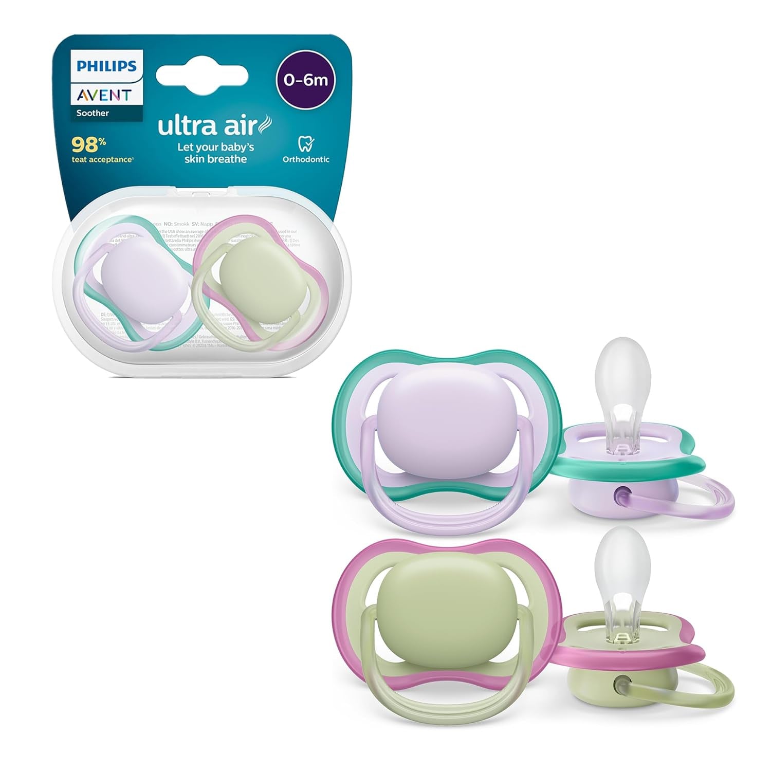 Philips AVENT ultra air Fopspenen - Lichte en ademende fopspenen voor baby's van 0-6 maanden, BPA-vrij, met draagtas als sterilisator, 2-pack, model SCF085/24