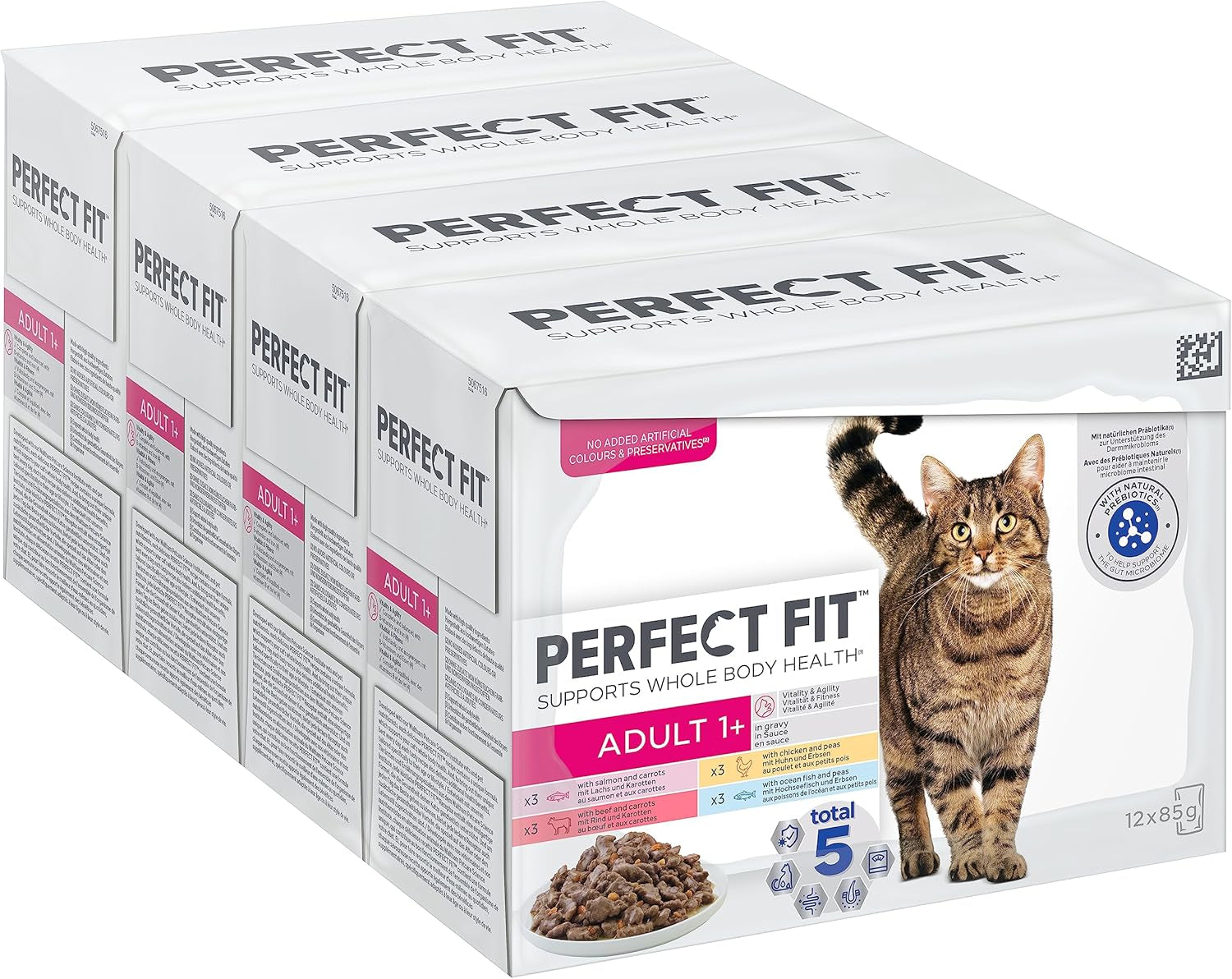 Perfect Fit Adult 1+ selectie natvoer met zalm, diepzeevis, rundvlees en kip, 48 zakjes, 12x85g (4 stuks) - Premium natvoer voor volwassen katten vanaf 1 jaar