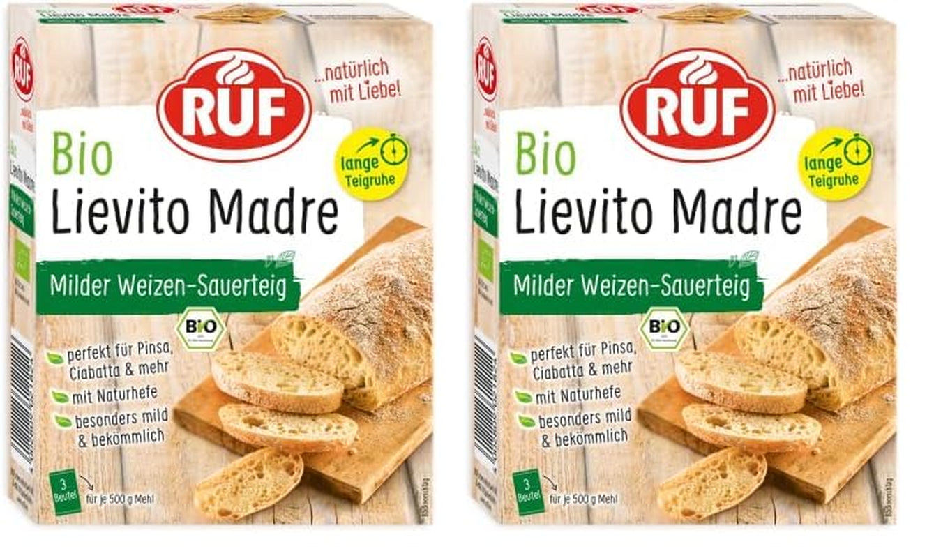 RUF Lievito Madre Sauerteig, Milder Weizen-Sauerteig, Mutterteig, Kurze Teigruhe Durch Enthaltene Trockenhefe, Lievito Madre Getrocknet Für Brot, Baguette, Focaccia, 3X35G Mengsel voor bakken en koken Naty Shop 105 G (2Er Pack) Lange Teigruhe