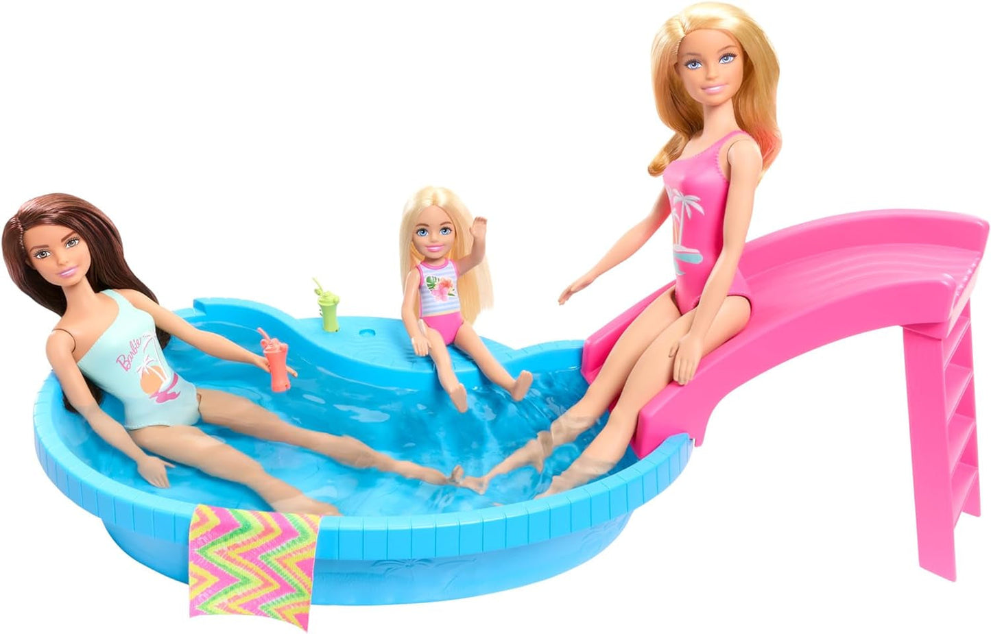 Barbiepop en accessoires - zwembad met glijbaan en accessoires voor urenlang speelplezier in de zon, roze badpak met tropisch design, voor kinderen vanaf 3 jaar, HRJ74 Naty Shop Poppenhuizen