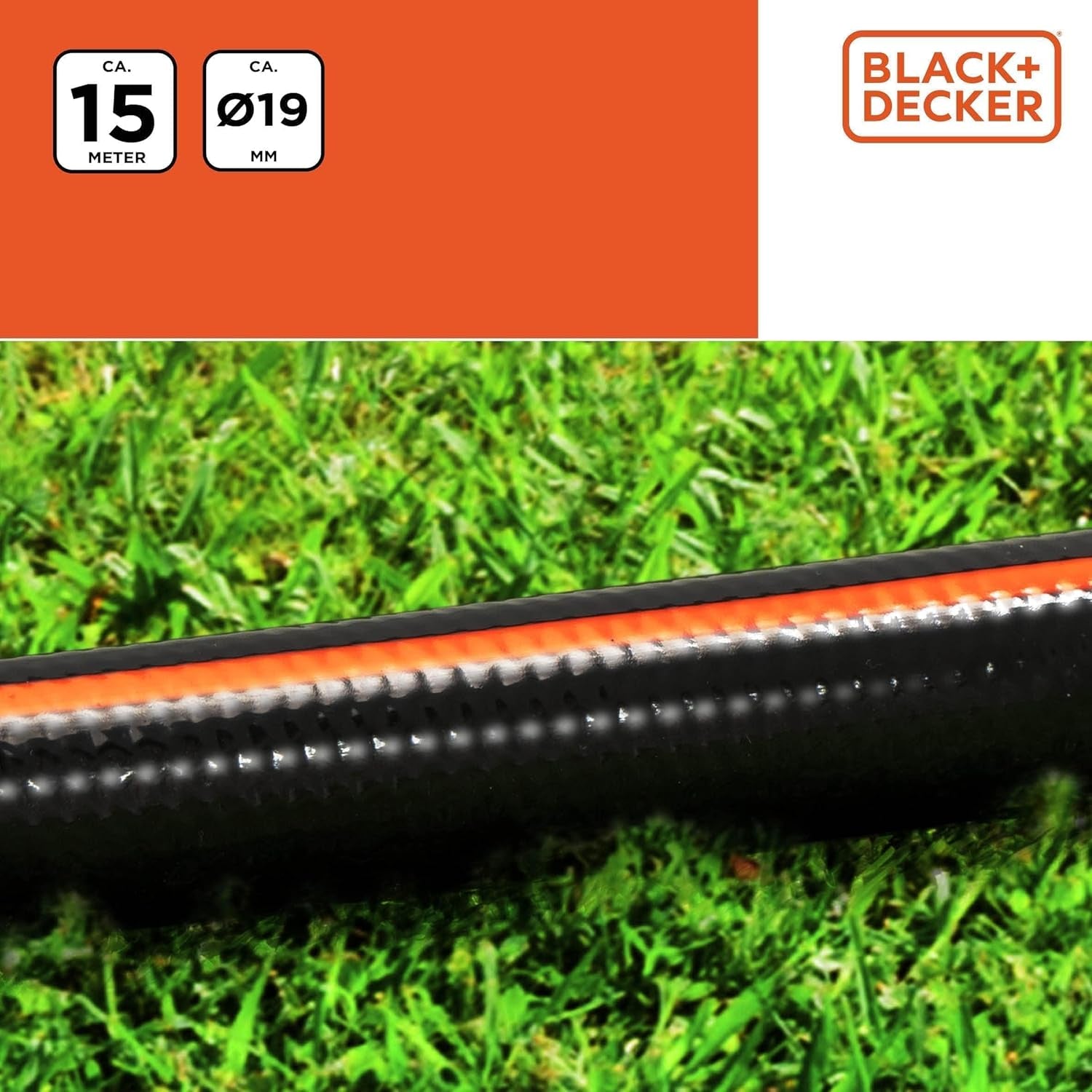 BLACK+DECKER Tuinslang 15 meter - Ø19MM - Duurzaam PVC - Tuin besproeien, auto wassen, zwembad vullen - Compatibel met elke standaard kraan - Zwart/Oranje