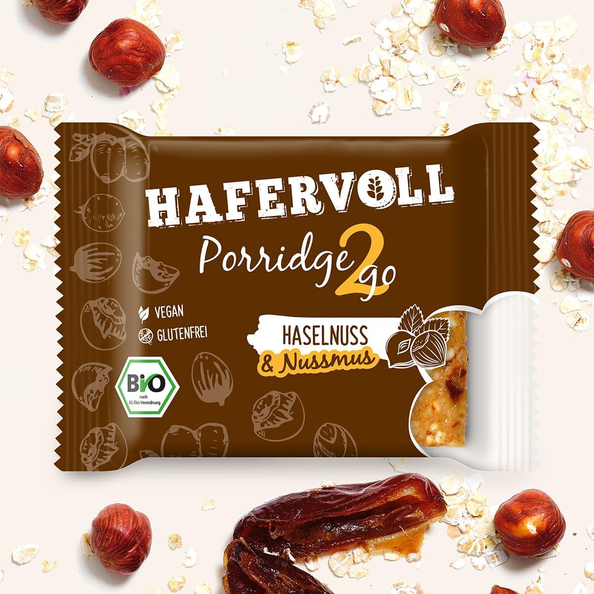 Hafervoll Porridge2go Pindakaas en noten, 13 repen x 55g - Veganistisch, biologisch, glutenvrij, geen toegevoegde suikersnack, met haver, dadels en quinoa-snoepjes