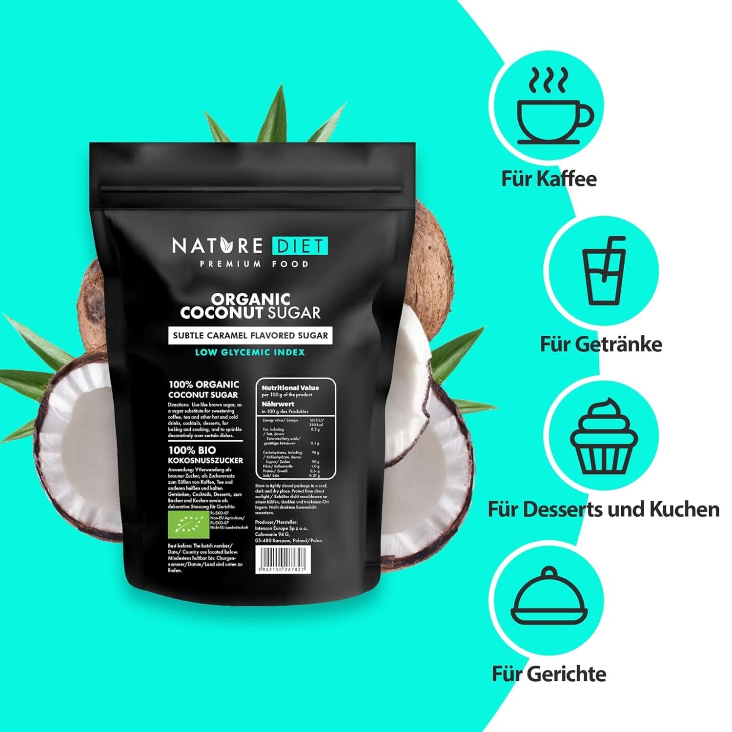 Biologische kokossuiker, karamelsmaak, 1,5 Kg Zoetstoffen Naty Shop