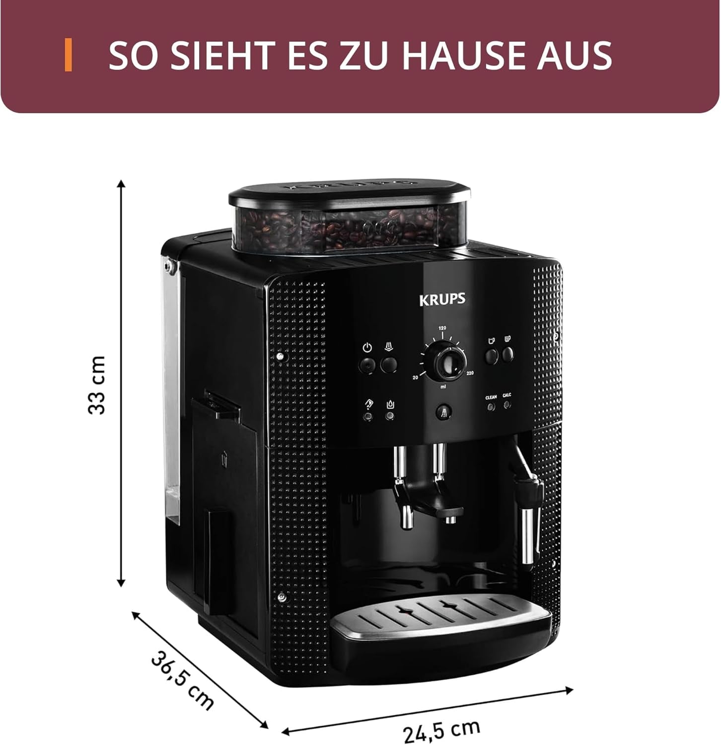 KRUPS Arabica Picto automatische espressomachine, compact ontwerp, eenvoudig te gebruiken, intuïtief verstelbare draaibediening, melkopschuimer, 2-kops functie, espressomachine, zwart, EA810870