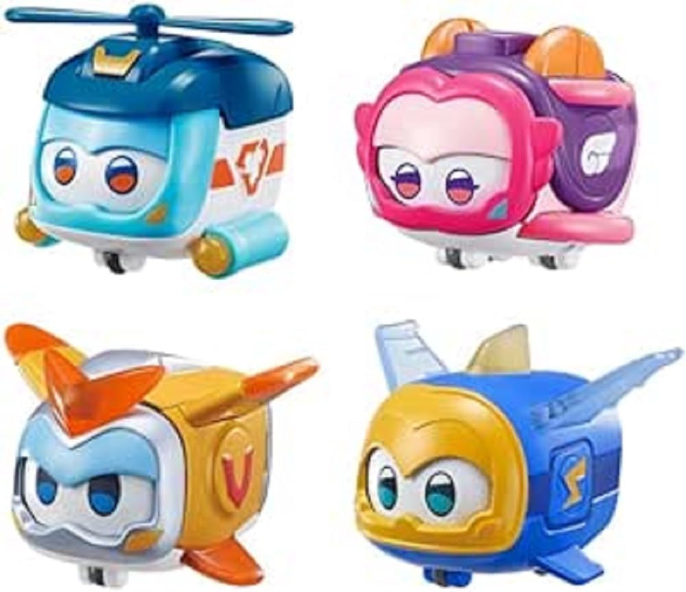Super Wings Super Pets 4 stuks Shine, Golden Boy, Jerome, Ellie Verwisselbare gezichtsuitdrukking Bliksemeffect Draagbaar speelgoed voor 3 4 5 6 7 8 jaar oude jongensmeisjes 2 inch actiefiguren Naty Shop 4-pack A