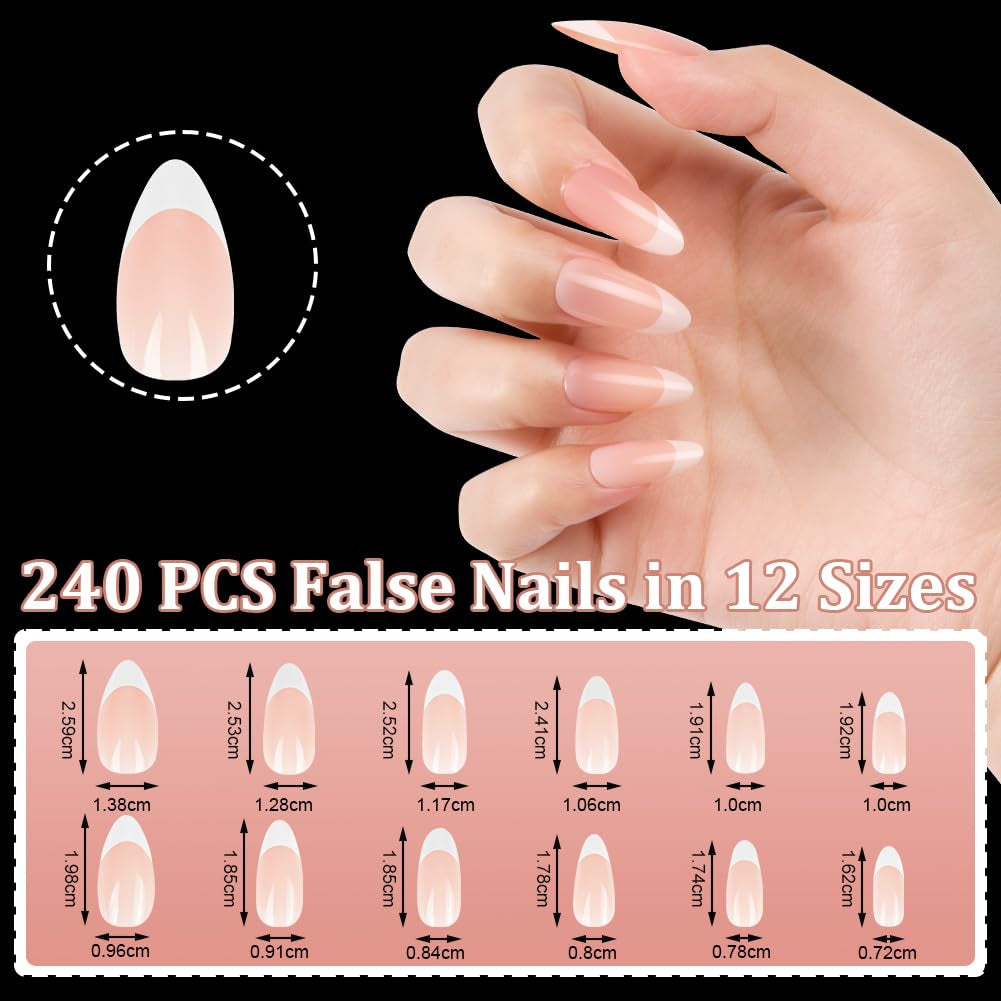 240-delige set valse nageltips, French Press op kunstnagels, pers op Franse nagels, 12 maten, nepnagels met lijm voor dames en heren (naakt wit medium amandel)