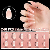 240-delige set valse nageltips, French Press op kunstnagels, pers op Franse nagels, 12 maten, nepnagels met lijm voor dames en heren (naakt wit medium amandel)