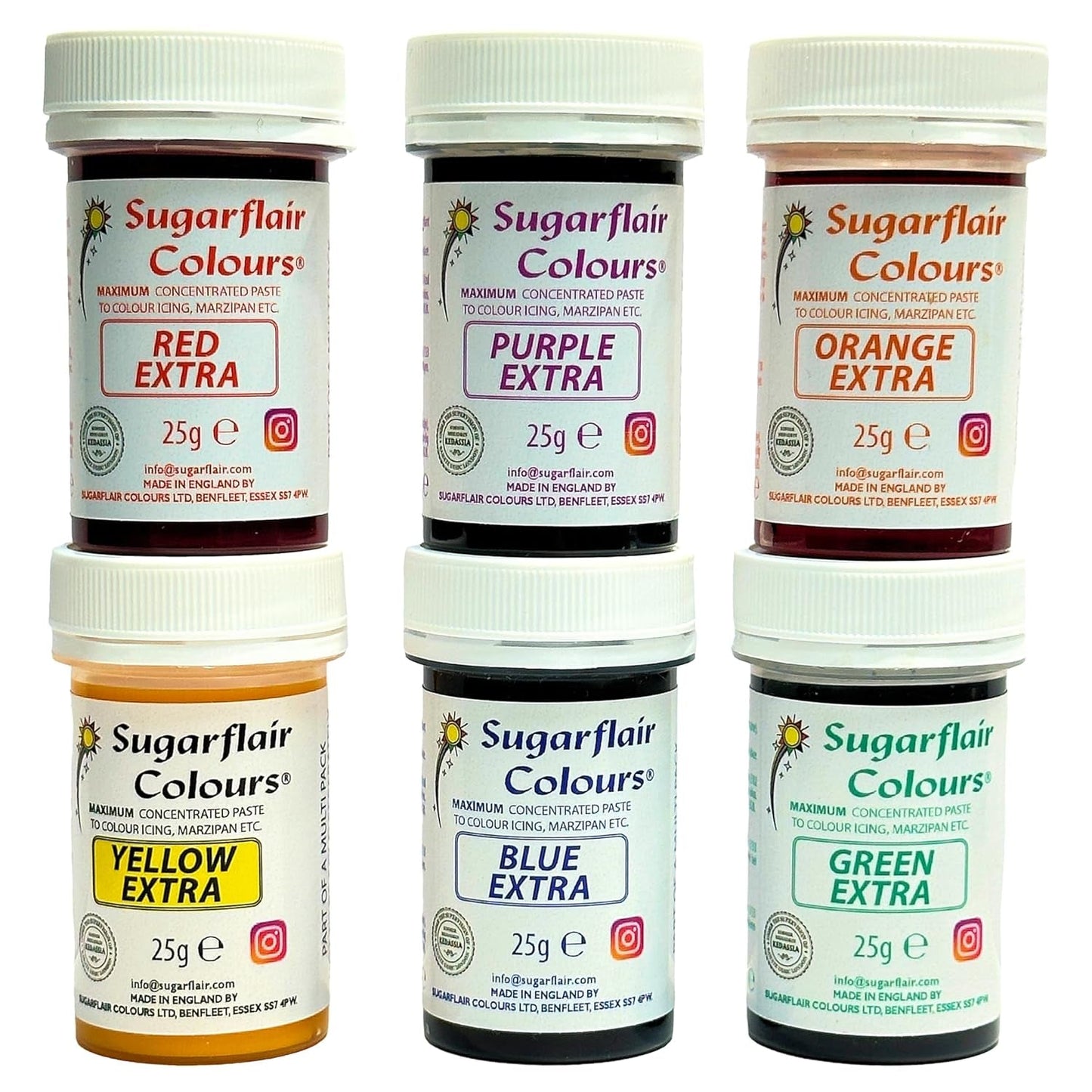 Sugarflair Max Concentrated kleurstofset/6, kleurstofpasta Max Concentrate, EXTRA blauw, rood, oranje, geel, groen, paars - 6x25g