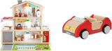 E3405 - Poppenhuis, poppenhuis met accessoires, houten en E3475 - Poppenhuisaccessoires, gezinsauto