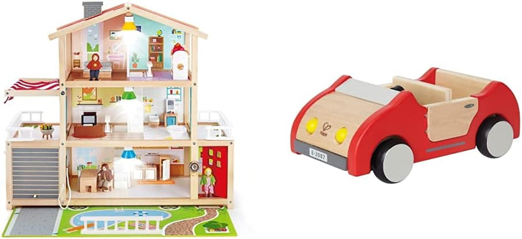 E3405 - Poppenhuis, poppenhuis met accessoires, houten en E3475 - Poppenhuisaccessoires, gezinsauto