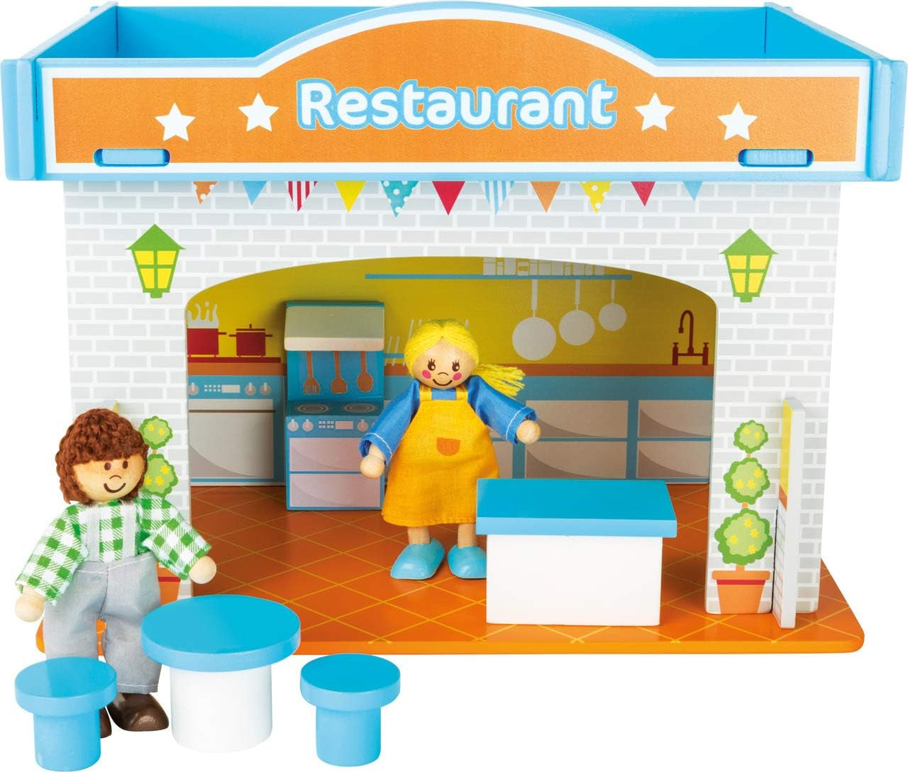 Small Foot 10852 Speelhuis Restaurant Van hout, Met 2 poppenfiguren, accessoires en afneembaar dak, Vanaf 3 jaar Poppenhuizen Naty Shop Restaurant