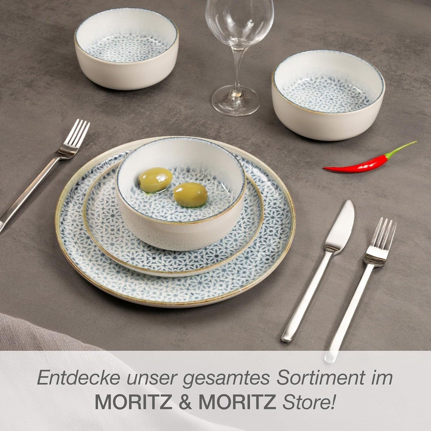 Moritz & Moritz ALHAMBRA serviesset voor 6, 18-delig, hoogwaardig porselein - modern blauw servies - onderhoudsvriendelijk set inclusief 6 dinerborden, 6 dessertborden en 6 kommen