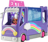 Barbie Extra Mini Minis-pop, Extra Mini Minis-pop met extra glitter-touringcar, inclusief make-upstation en showaccessoires, kindercadeau, speelgoed voor kinderen vanaf 3 jaar, HKF84