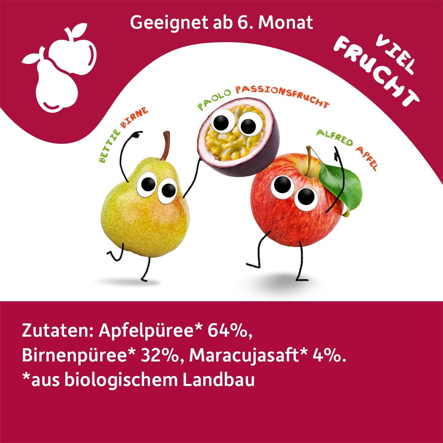FRECHE FREUNDE Bio Quetschie Appel, Birne & Maracuja, Fruchtmus mit Obst im Quetschbeutel voor baby's vanaf 6 maanden, veganistisch, 6er-pakket (6 x 100 g)