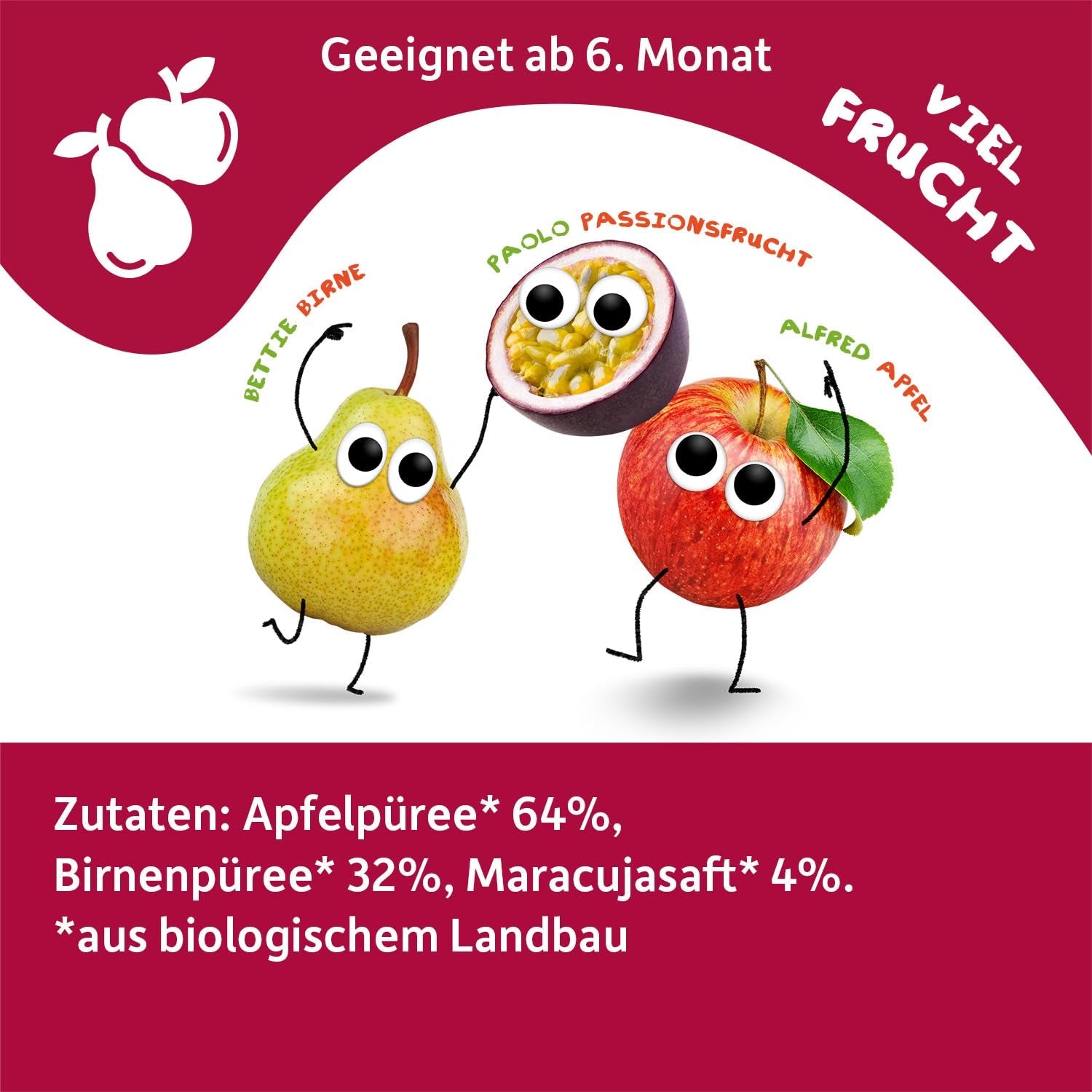 FRECHE FREUNDE Bio Quetschie Appel, Birne & Maracuja, Fruchtmus mit Obst im Quetschbeutel voor baby's vanaf 6 maanden, veganistisch, 6er-pakket (6 x 100 g)