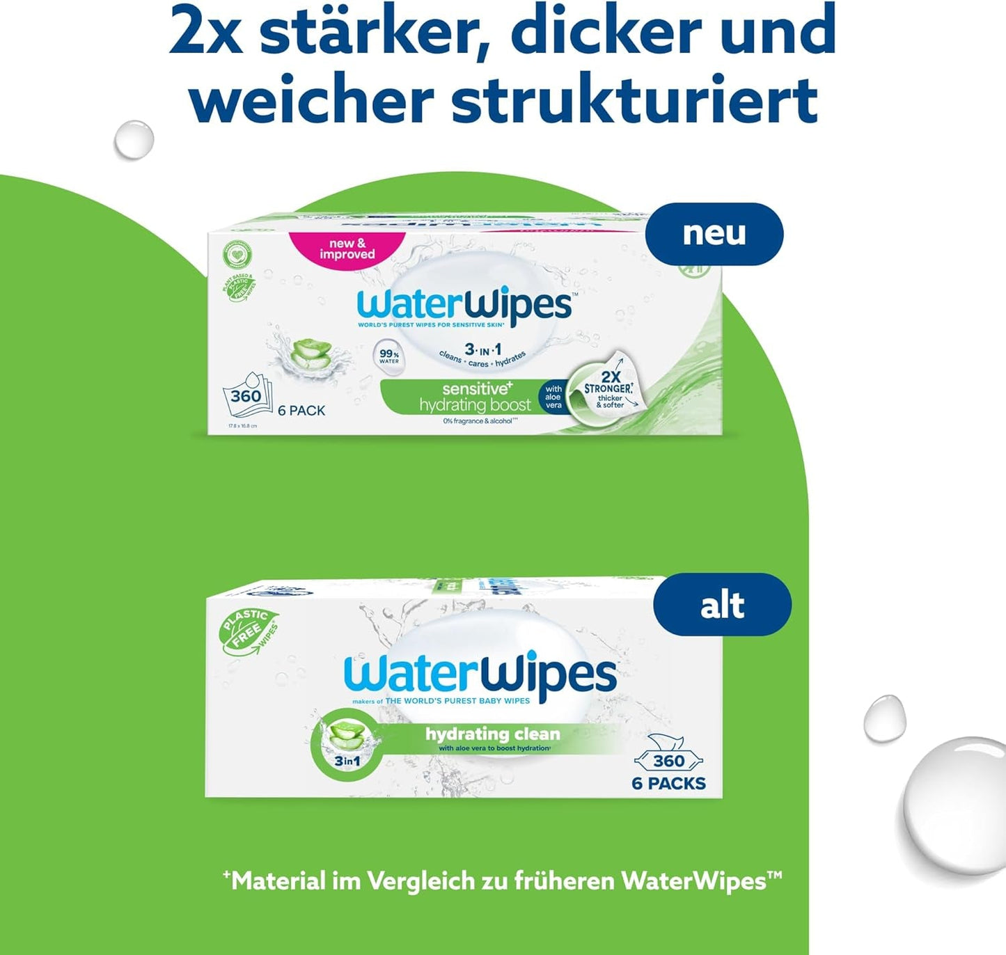 WaterWipes Sensitive+ Hydrating Boost Vochtige doekjes, Hydraterende doekjes, 360 stuks (6 stuks), 3 in 1 Schoon, Verzorgend, Hydrateren, 99% Aloë Vera Water, Ongeparfumeerde babydoekjes