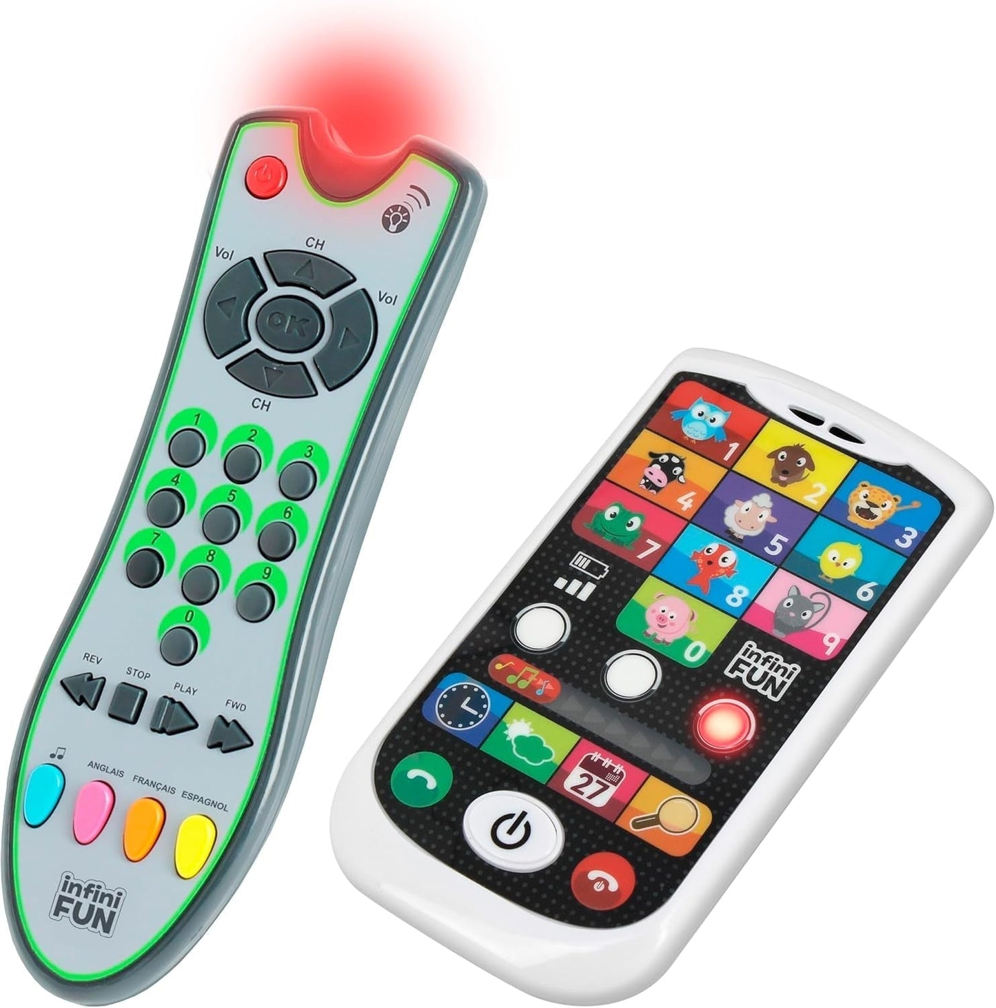 Mijn Duo High-Tech Telefoon + Afstandsbediening - 1 Drietalige Frans/Engels/Spaans afstandsbediening en 1 Ultra-Realistische Telefoon - Multi-Activity Leerspeelgoed vanaf 12 jaar Speelgoed Bebe Naty Shop