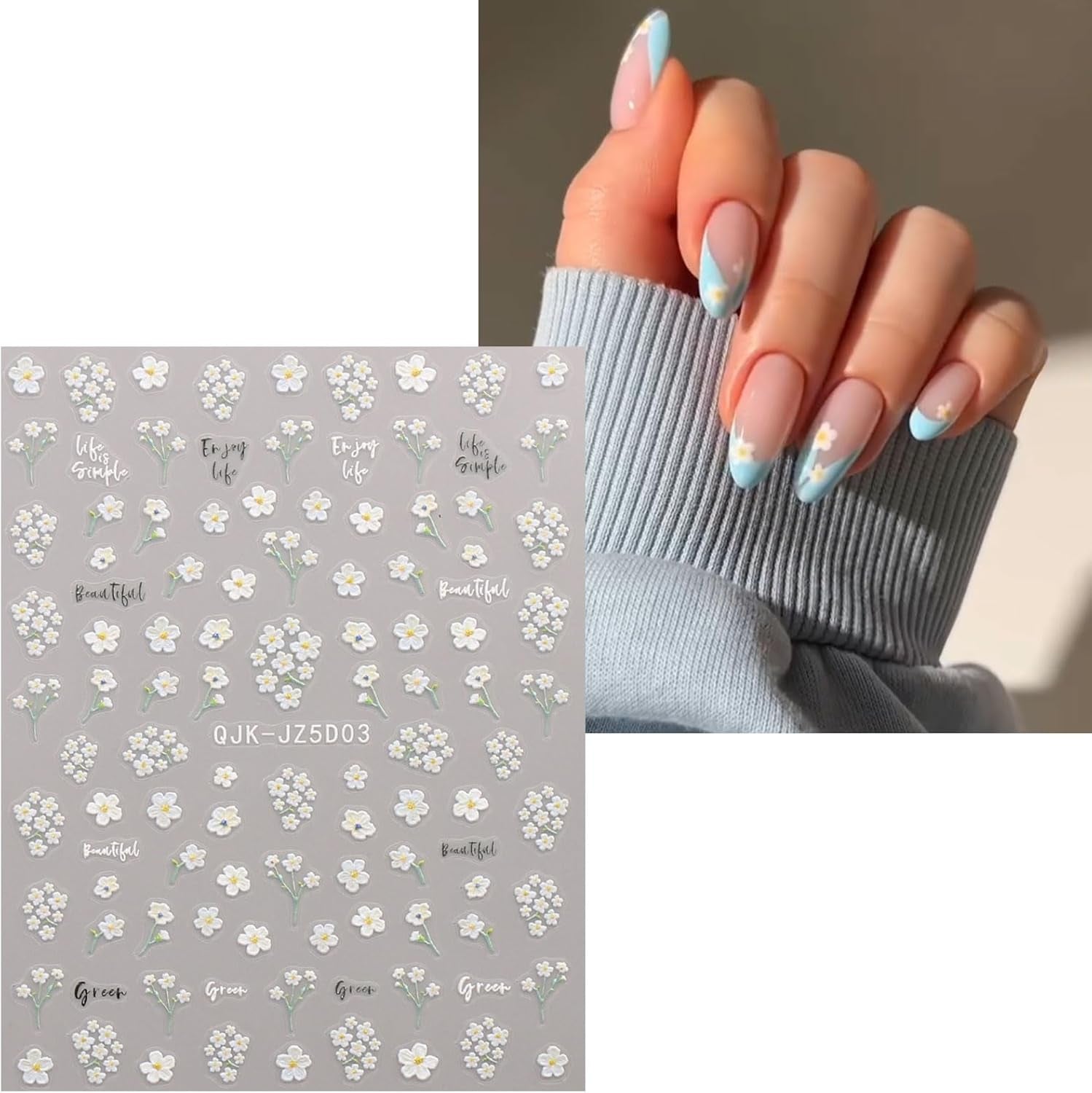 JMEOWIO 3D Nagelsticker Blumen Nail Art Sticker Selbstklebend Nagelaufkleber 5D Stereoskopisch Zomer Frühling Blumen Dekoration Nageldesign Zubehör 4 Blatt