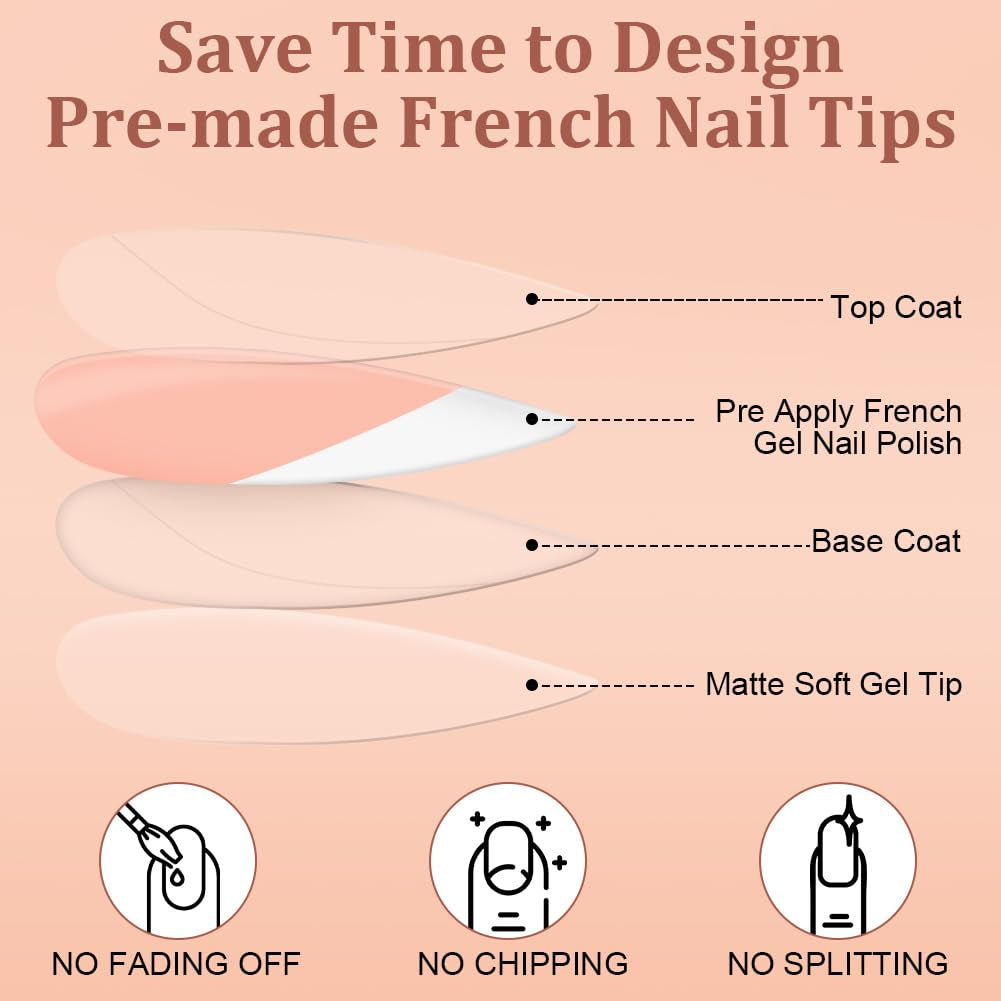 240-delige set valse nageltips, French Press op kunstnagels, pers op Franse nagels, 12 maten, nepnagels met lijm voor dames en heren (naakt wit medium amandel)