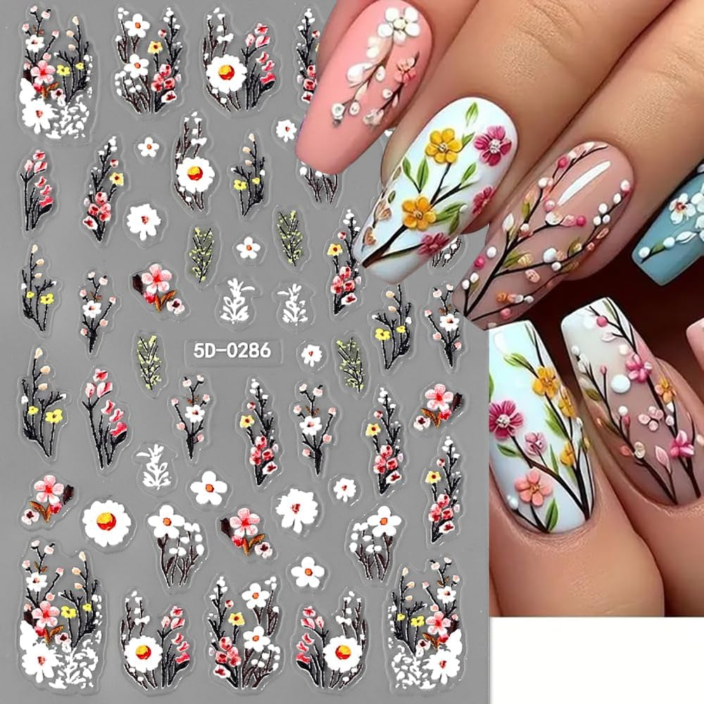 Pruimenbloem Nagelstickers, Wit Roze Bloem Nagelstickers, Bloemnagelstickers met Reliëf, Lente Zomer Bloemnagelstickers, Nagelontwerpen, Nagelaccessoires, Nagelkunst