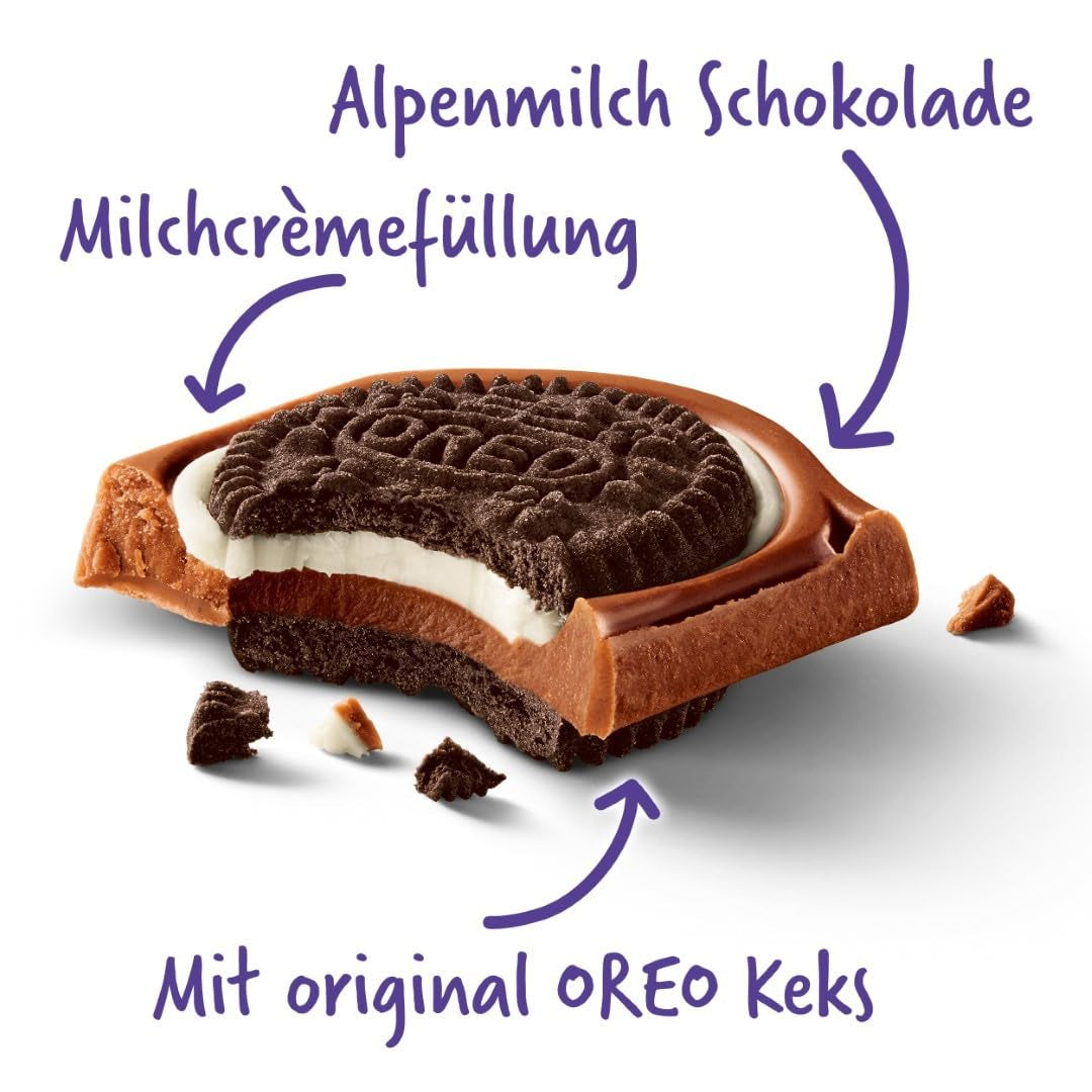 Milka Oreo Sandwich – Alpenmelkchocolade, gevuld met knapperige stukjes Oreo-koekjes en zachte vanillecrème – 92g