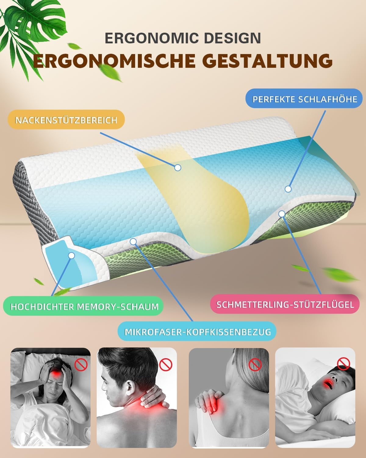 Nekpijnkussen, ergonomisch orthopedisch nekkussen, zijrug buikkussen van memory foam, anti-snurkkussen voor mannen vrouwen (62 * 34,5 * 12/8CM) Cervicale orthopedische kussens Naty Shop