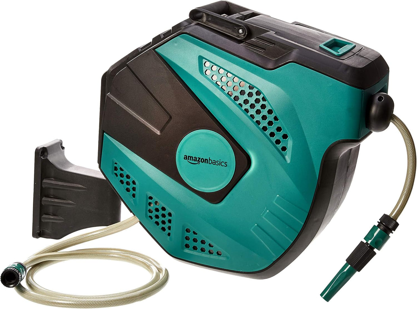 Amazon Basics wandgemonteerde slanghaspel met slang, zelfoprollend, 15 m, marinegroen, zwart