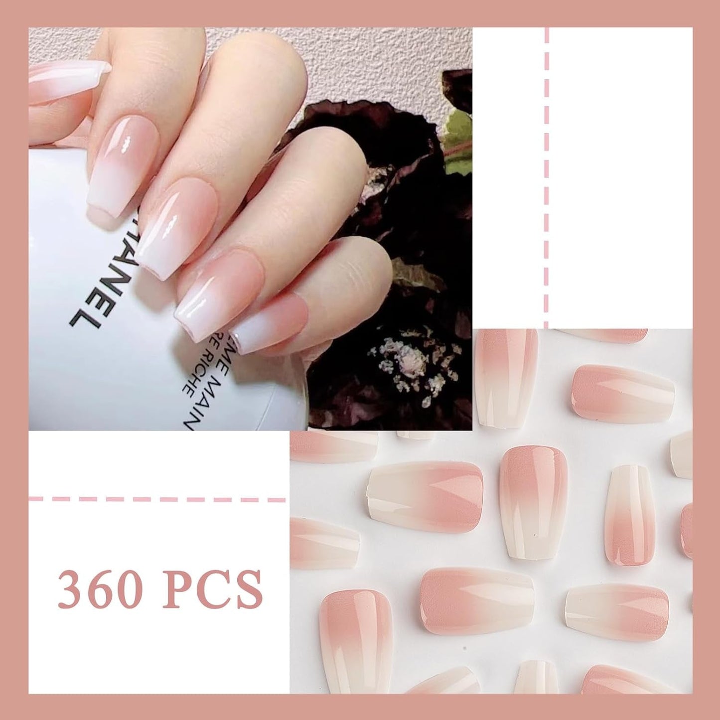 360 stks gradiënt ballerina kunstnagels set, roze witte gradiënt lijm-op kunstnagels met 2 stks nagelolie pennen, ombre medium nepnagels voor vrouwen DIY