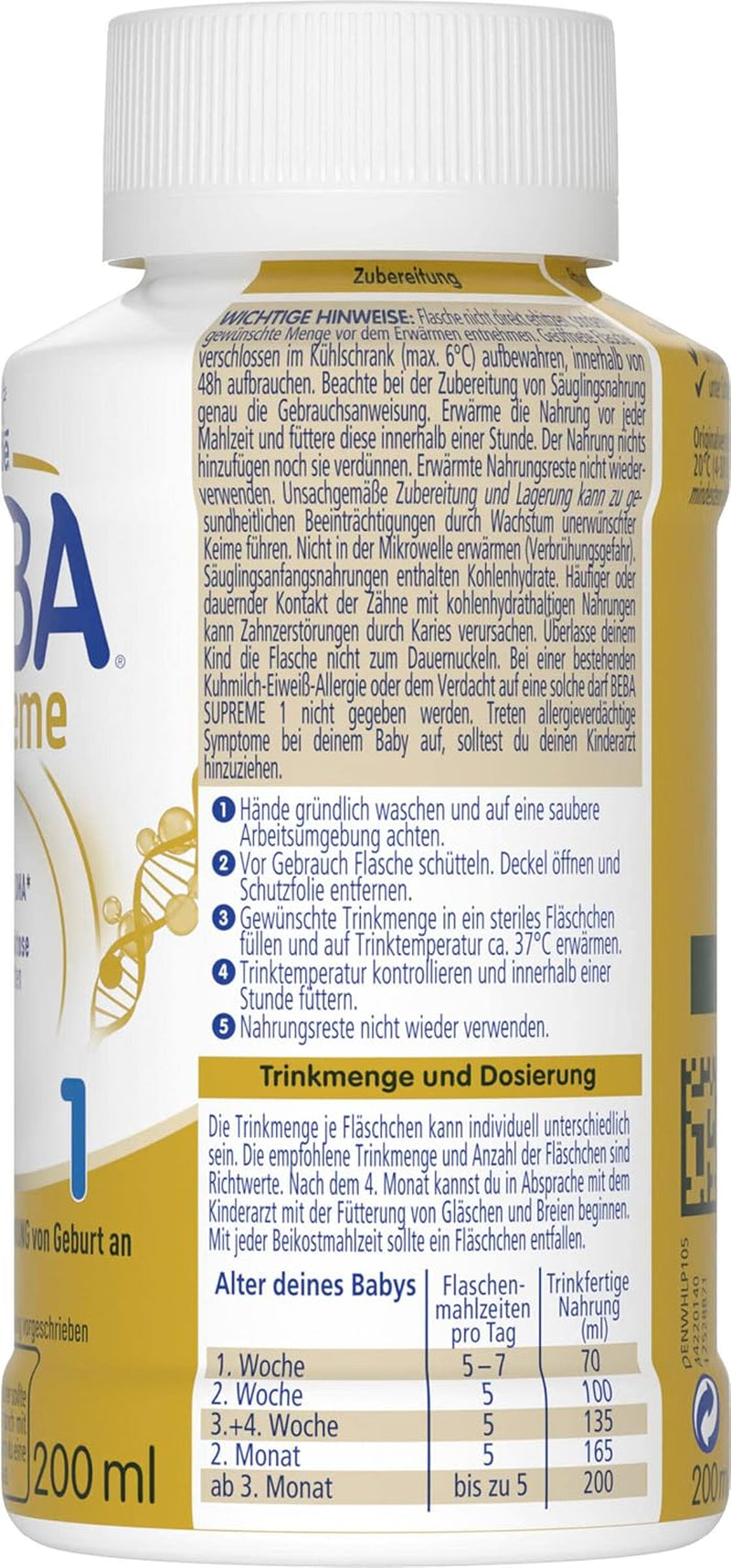 BEBA Nestlé BEBA SUPREME 1 Zuigelingenmelk: kant-en-klare flesjes met Omega 3, verpakking van 4 (1 x 200 ml)