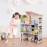Olivia's Little World hedendaagse mediterrane stijl interactief houten poppenhuis van 3 verdiepingen voor kinderen met 17 poppenmeubelaccessoires veelkleurig TD-13551B