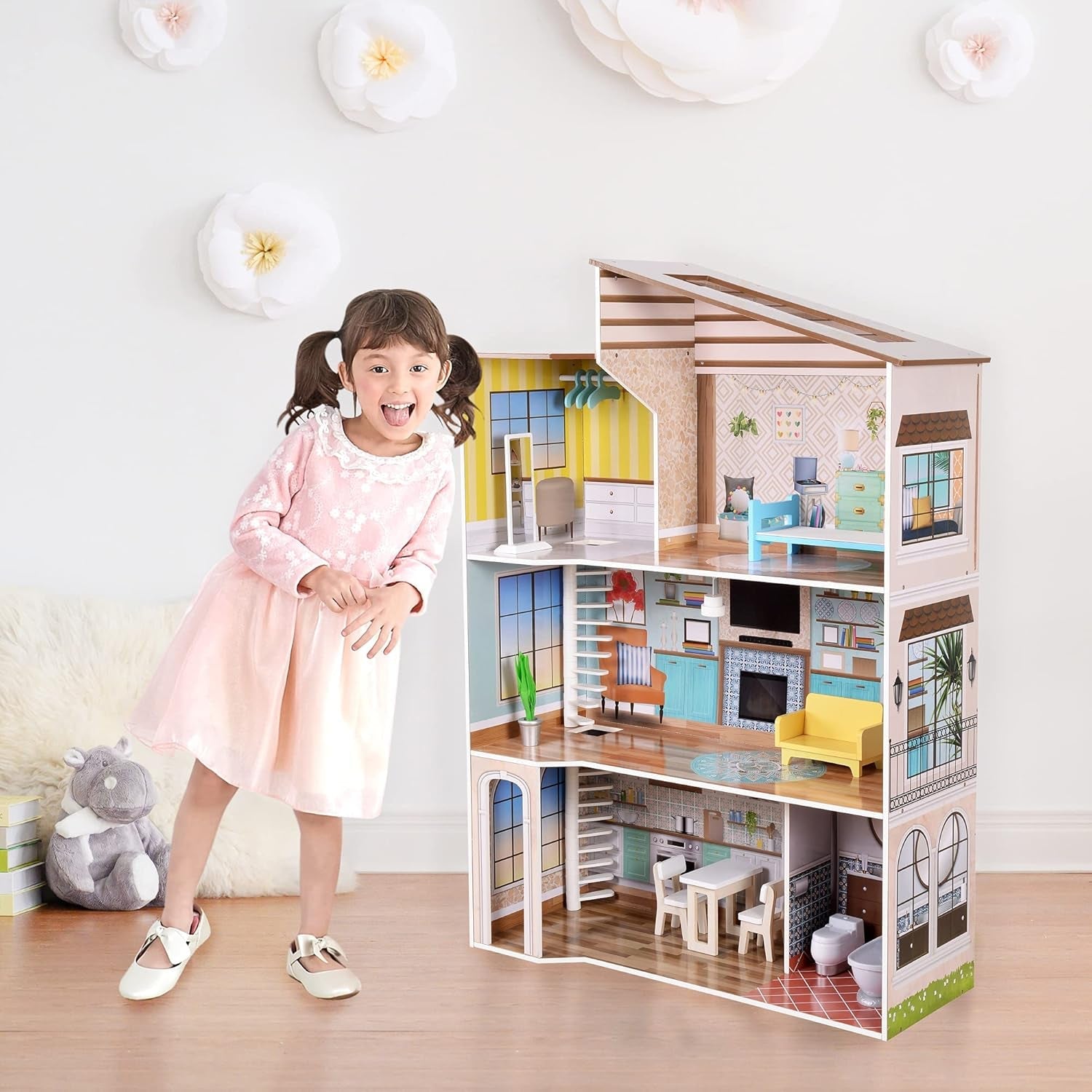 Olivia's Little World hedendaagse mediterrane stijl interactief houten poppenhuis van 3 verdiepingen voor kinderen met 17 poppenmeubelaccessoires veelkleurig TD-13551B
