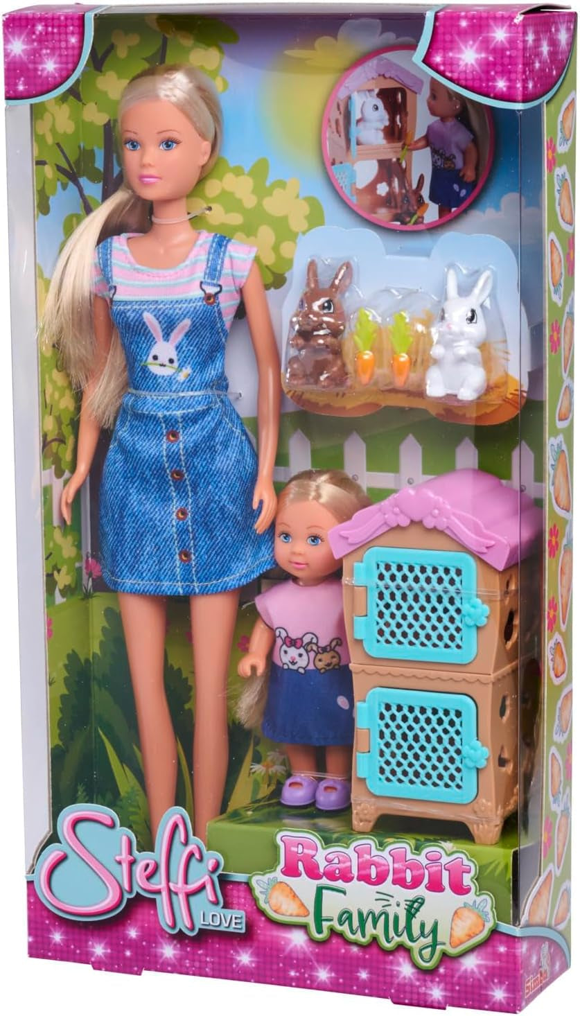 Simba Steffi Love Rabbit Family 12cm 29cm konijnenkooi speelpop en pop met twee konijnen, vanaf 3 jaar