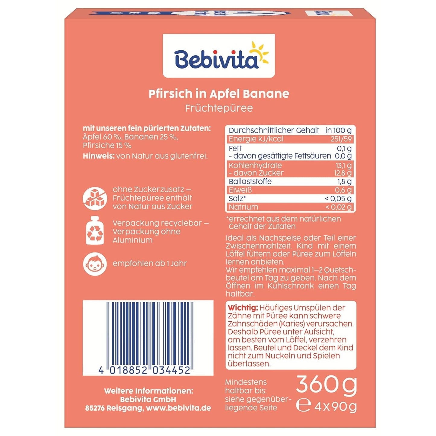 Perzik-, appel- en banaan-knijpbare zakjes - 16 (4 stuks, elk 4 x 90 g), geen toegevoegde suikers, glutenvrij, ideaal voor afhaalsnacks en zelfconsumptie