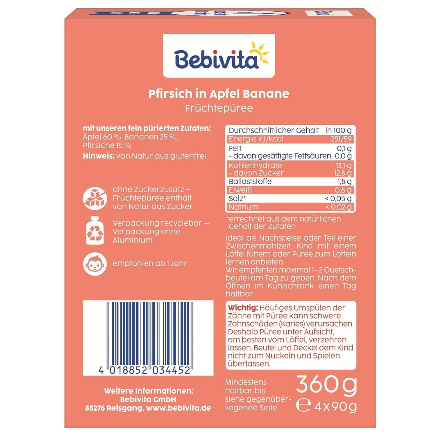 Perzik-, appel- en banaan-knijpbare zakjes - 16 (4 stuks, elk 4 x 90 g), geen toegevoegde suikers, glutenvrij, ideaal voor afhaalsnacks en zelfconsumptie