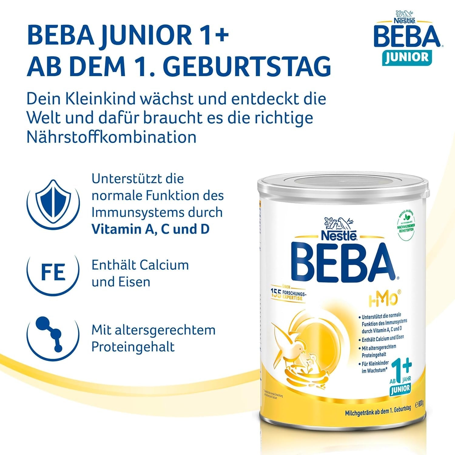 BEBA Junior 1+ melkdrank vanaf 1 jaar, Met HMO, Aan de leeftijd aangepast eiwitgehalte, Alleen lactose, Geen palmolie, Geen visolie, Peutervoeding, Babymelkpoeder, Pak van 3 (3 x 800 g)