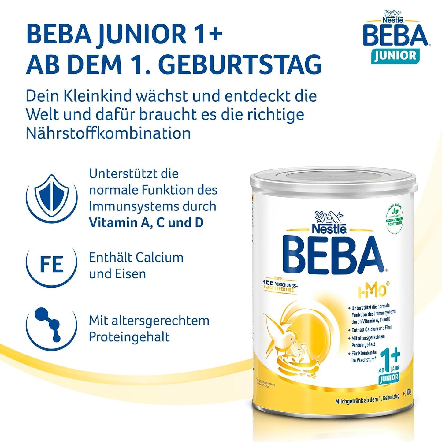 BEBA Junior 1+ melkdrank vanaf 1 jaar, Met HMO, Aan de leeftijd aangepast eiwitgehalte, Alleen lactose, Geen palmolie, Geen visolie, Peutervoeding, Babymelkpoeder, Verpakking van 6 (6 x 800 g)