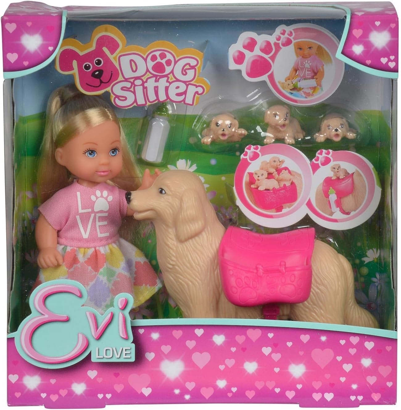 Simba 105733072 - Evi Love hondenoppas met hond en drie puppy's, accessoires, modepop, 12 cm, voor kinderen vanaf 3 jaar