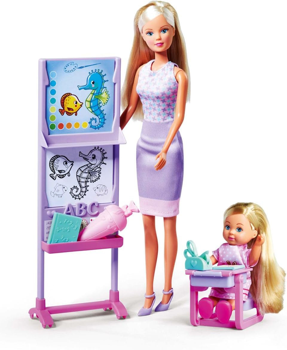 Simba Steffi Love School Day Teacher en Evi Student aankleedpop met schoolbord, drie verwisselbare schoolbordweergaven, stoel met openingstafel, 29 cm, vanaf 3 jaar