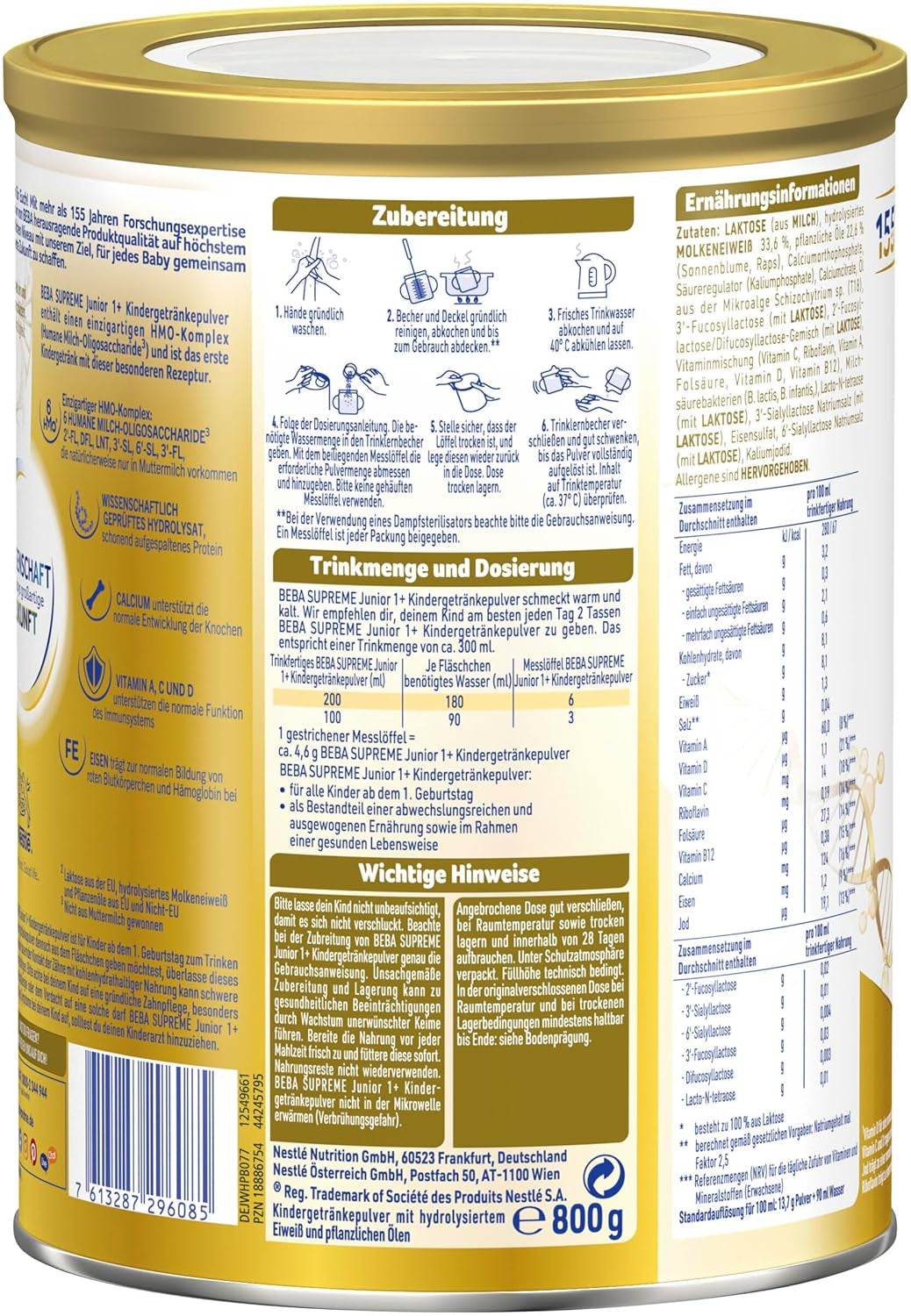 BEBA SUPREME JUNIOR 1 Plus - Drank voor kinderen vanaf 1 jaar, met complex 6 HMO, lactosevrij, palmolievrij, visolievrij, voeding voor kleine kinderen, babymelkpoeder, verpakking van 6 (6 x 800g)