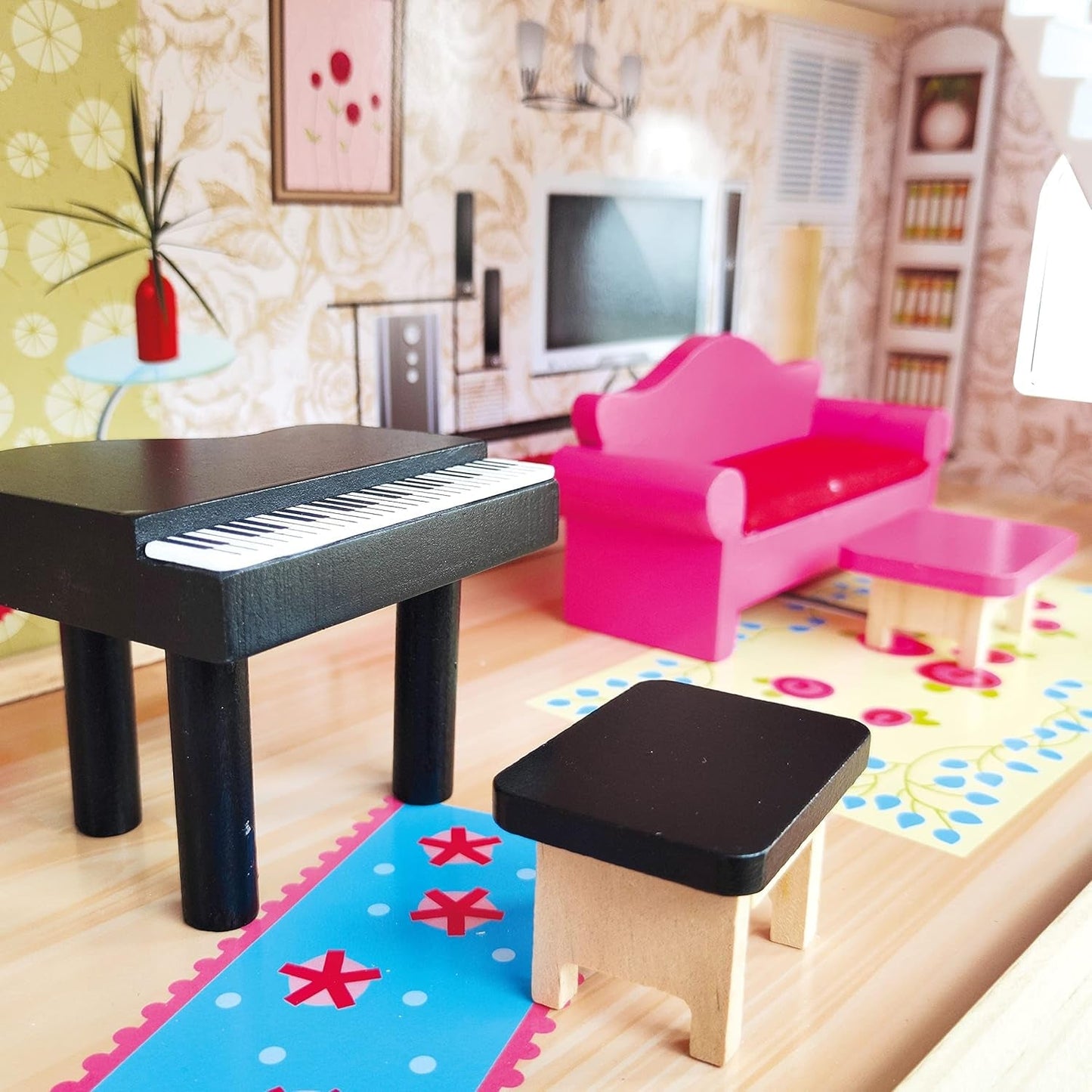 Bino World of Toys Poppenhuis met balkon, Speelgoed voor peuters vanaf 3 jaar, met 3 verdiepingen, trappen, 4 kamers en balkon incl. 15-TLG. Accessoires, Om de vaardigheden van kinderen te bevorderen, Roze design Naty Shop poppenhuizen
