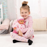 Babypuppe Eerste Woorden met Schlafaugen, spricht 24 Babylaute, met Schnuller en Flasche, 38 cm, Rosa/Streifen