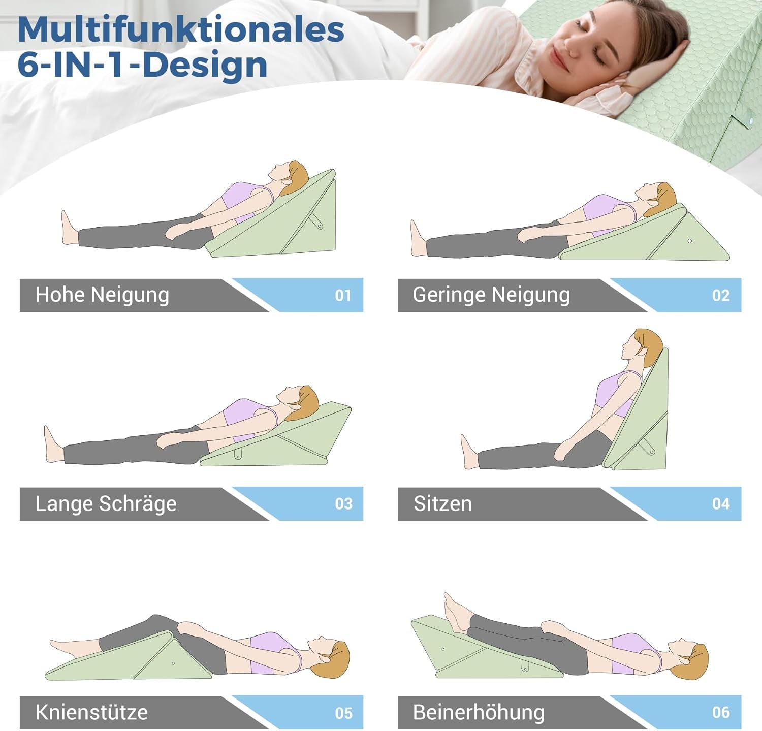 KINDEREN Verstelbaar wigkussen, leeskussen van schuim met hoge dichtheid voor bed en bank, ergonomisch bedwighoofdkussen voor slaaprefluxapneu, beenkussen/rugkussen voor spelen en lezen (groen)