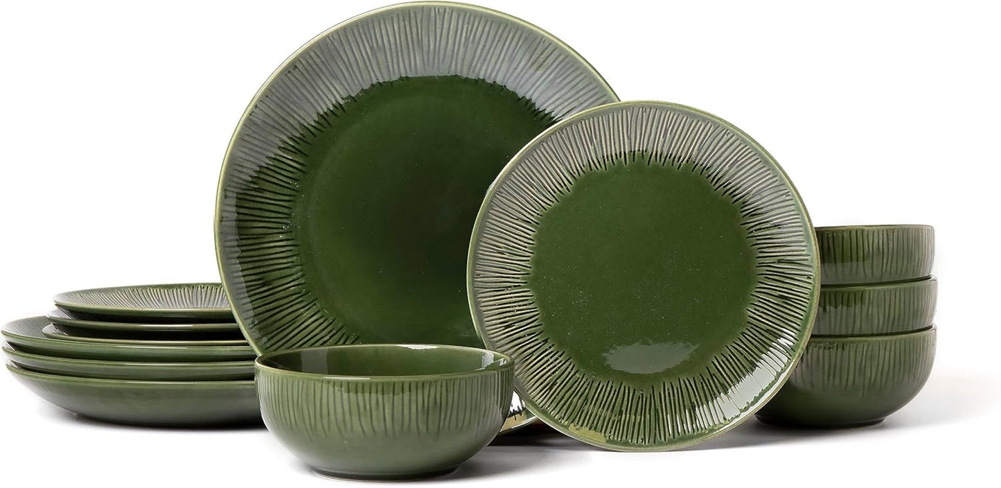 Mikasa Jardin 12-delige serviesset, 4-persoons aardewerk serviesset met borden, zijborden en schalen, groen - geschenkdoos en vaatwasmachinebestendig