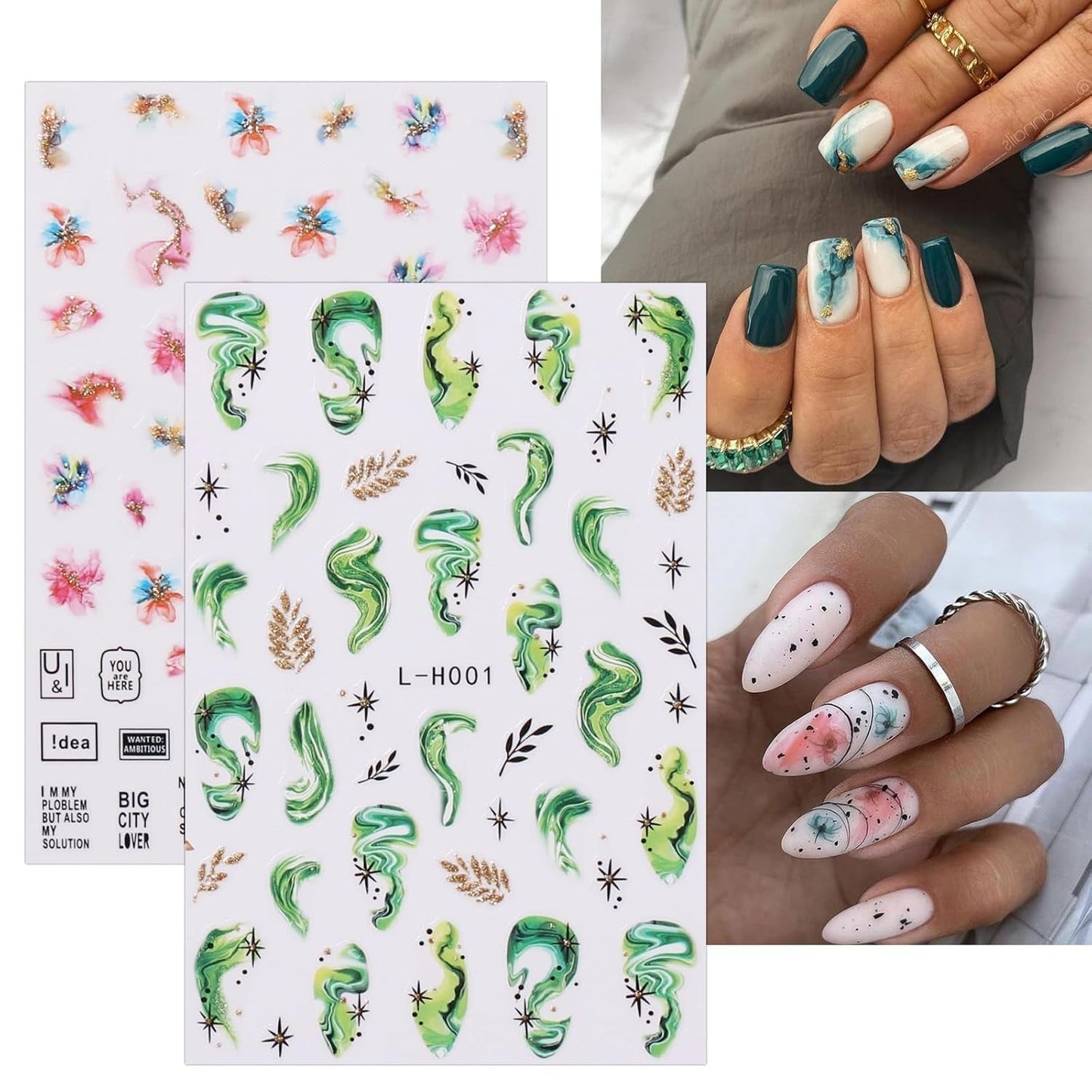 JMEOWIO Nagelsticker Marmor Französische Spitze 10 Blatt Nail Art Sticker Selbstklebend Nagelaufkleber Bunt Decoratie Nageldesign Zubehör