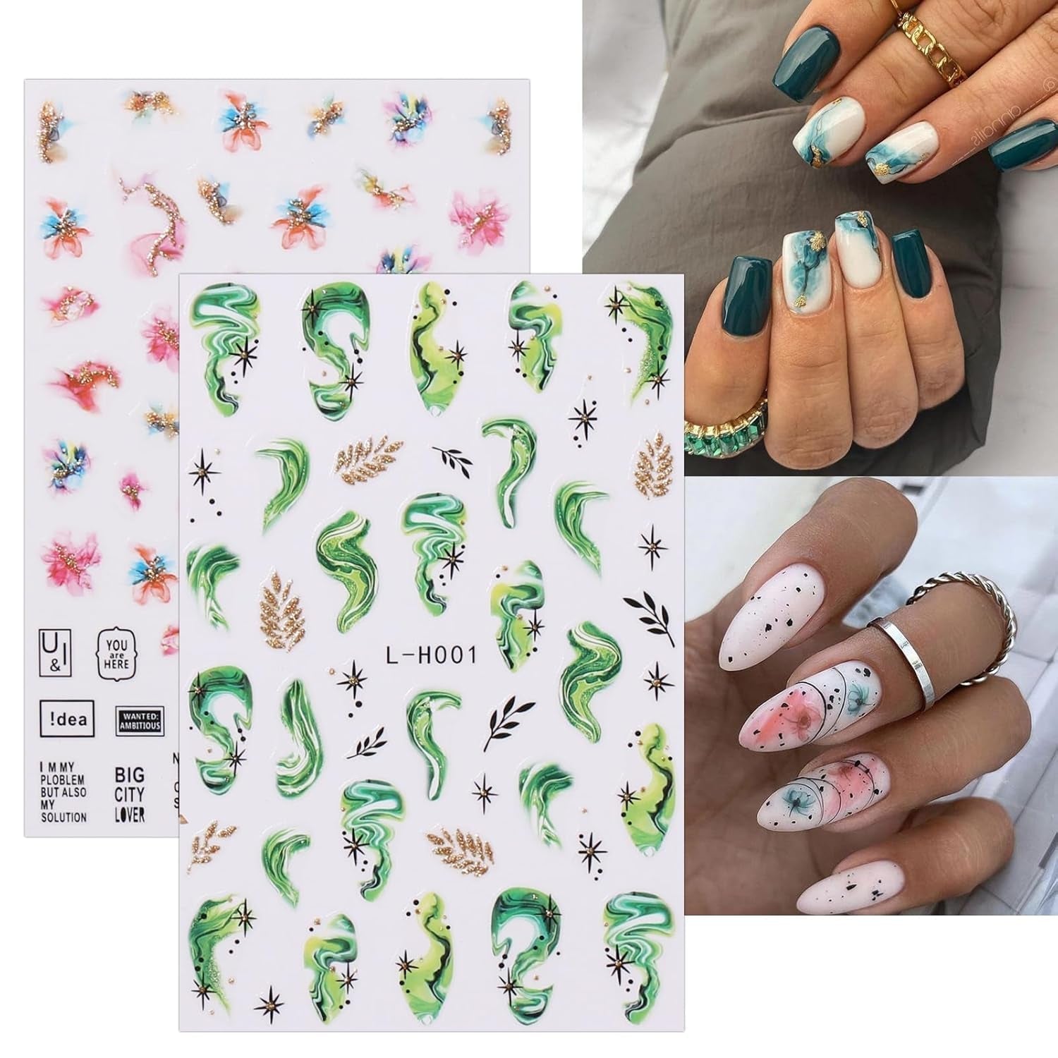 JMEOWIO Nagelsticker Marmor Französische Spitze 10 Blatt Nail Art Sticker Selbstklebend Nagelaufkleber Bunt Decoratie Nageldesign Zubehör
